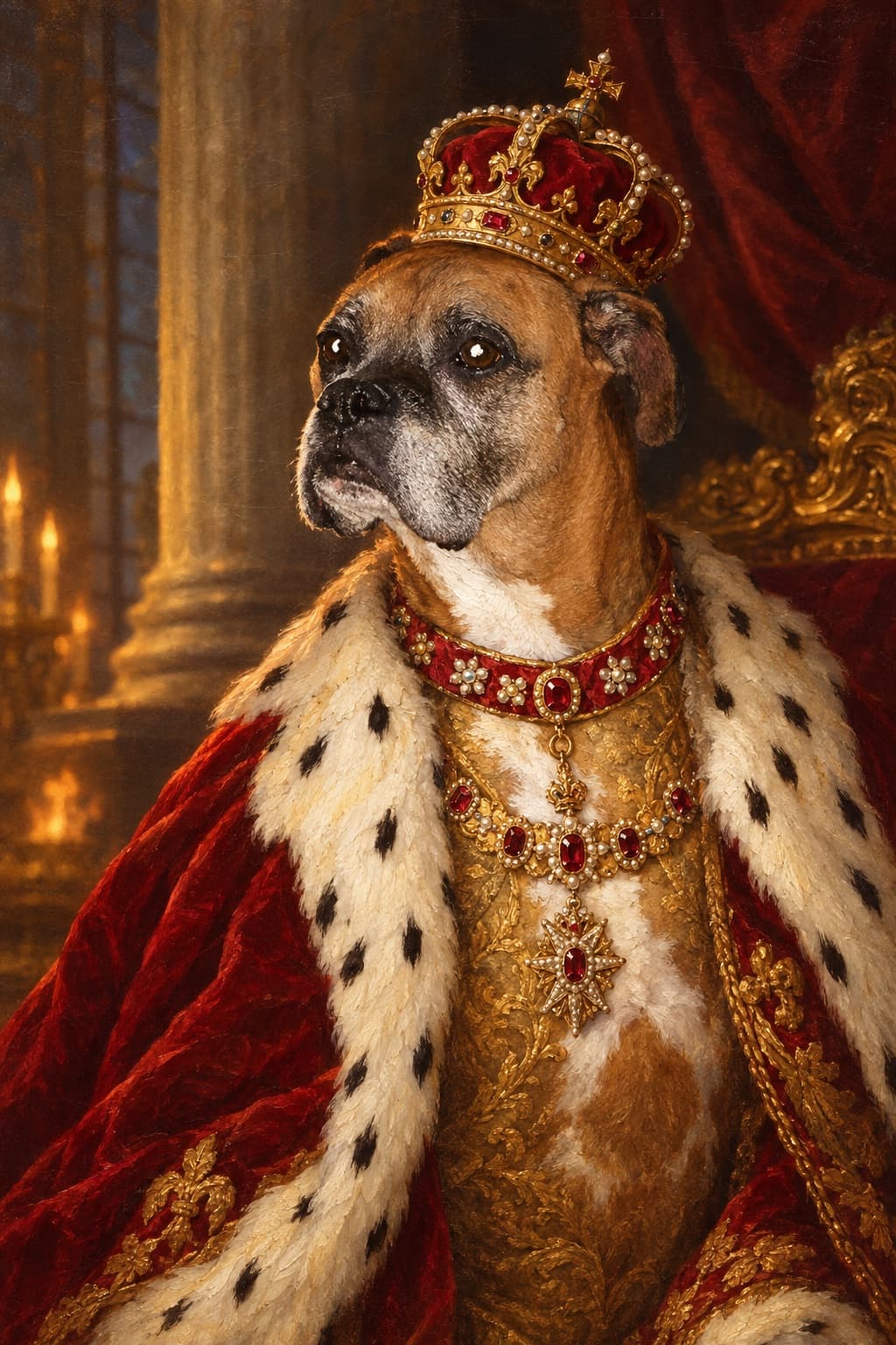 Bruno the Boxer, painted as royalty