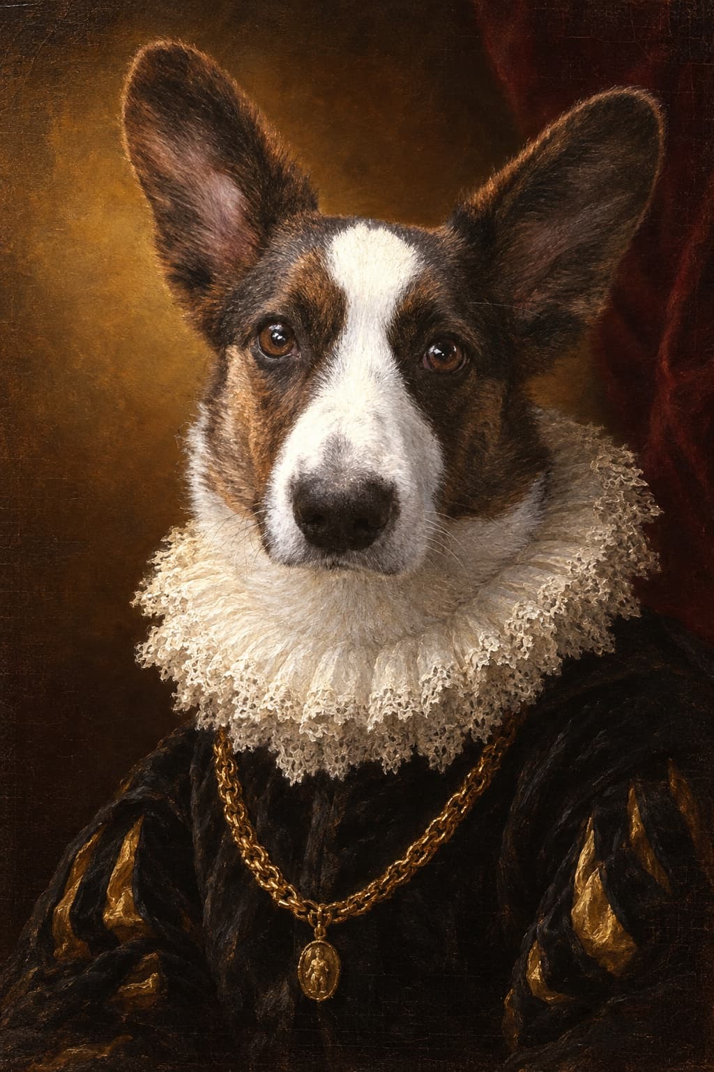 Noodle the Corgi, painted as royalty