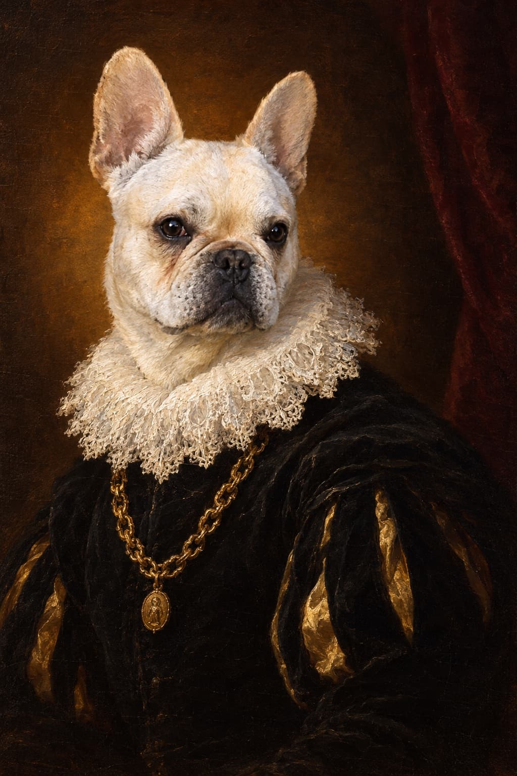 Pearl the French bulldog, painted as royalty