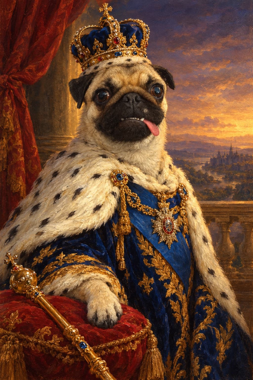 Biscuit the Pug, painted as royalty