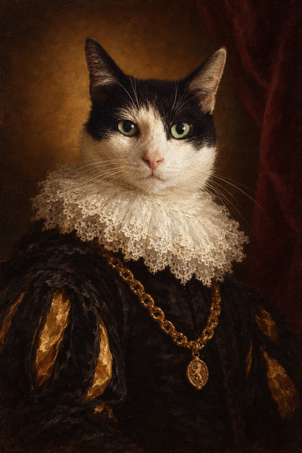 Figaro the Tuxedo cat, painted as royalty